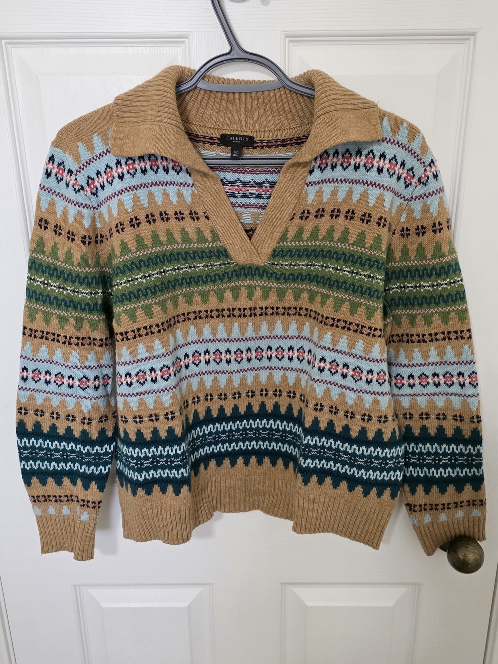 Talbots Camel Fair Isle V-Neck Shawl Sweater with Green & Light Blue Accents